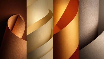 Paper art, curved folds, brown, beige, and gold tones