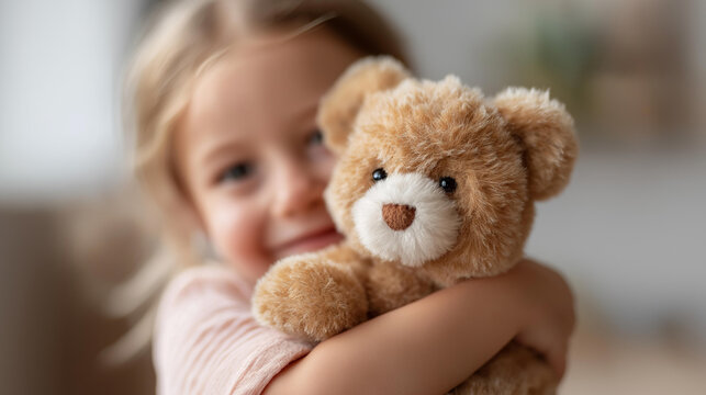 Little happy child girl holding defocused teddy bear, playful moment, hug visualization detail, blurred casual background, plush toy concept, fun interface, embrace displa