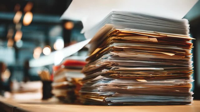 Stack of documents on a wooden desk in a busy office during the afternoon with warm lighting and various office supplies in the background