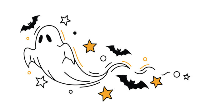 A playful outline ghost flowing through the air with spooky bats and twinkling stars for Halloween celebration.