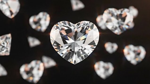 Heart-shaped diamonds sparkling and falling against a dark background.