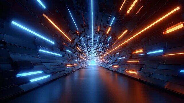 Neon Tunnel of the Future: An electrifying tunnel design with neon blue and orange lights that guides the eye towards the vanishing point. This futuristic scene promises adventure and innovation.