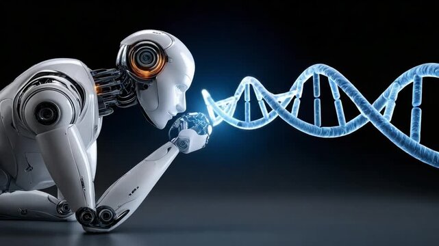 Robotic Reflection on the Helix: A sleek, intelligent robot is fixated on the ethereal glow of a DNA helix.