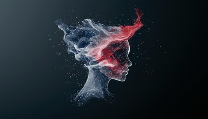 A profile silhouette of a woman's head formed from a digital mesh and flowing, abstract red and blue smoke-like particles against a dark, textured background.