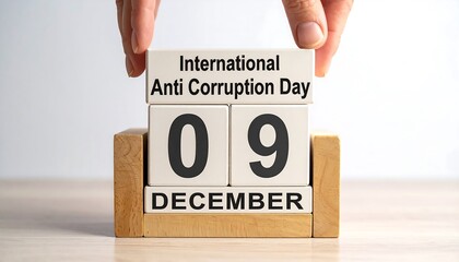 International Anti-Corruption Day, December 9th, Wooden Block Calendar, Hand Setting Date