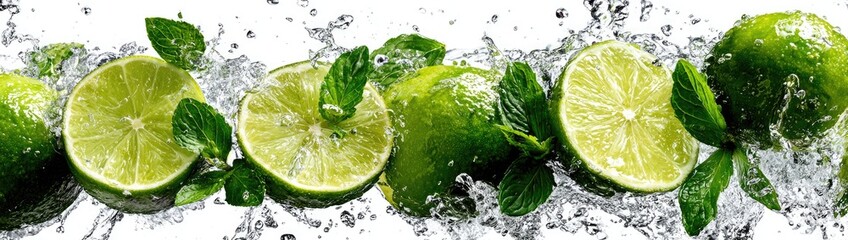 Limes and mint with water droplets on white background