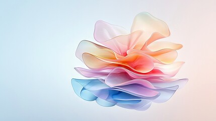 Fototapeta premium An abstract sculpture made of translucent, flowing fabric layers in pastel shades of blue, pink, orange, and yellow, set against a soft, ethereal gradient backg