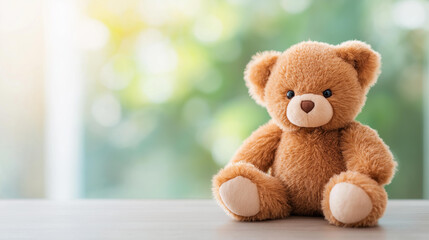 Cute brown teddy bear on defocused transparent background, plush toy, isolated visualization detail, clean setting, childhood concept, toy interface, adorable display, tra