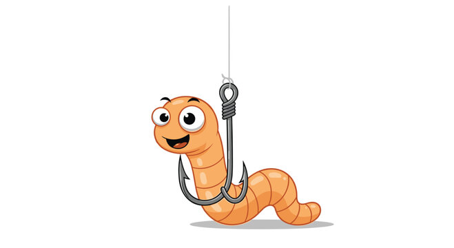 A cheerful cartoon worm with big eyes happily dangling from a sharp fishing hook as bait.