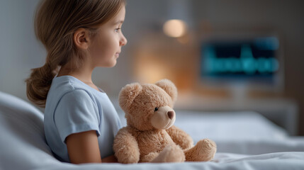 Child with teddy bear sits defocused hospital bed, medical moment, monitor visualization detail, blurred softly-lit background, calm concept, patient interface, healthcare