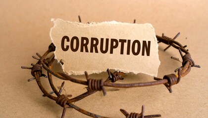 Corruption Concept: Rusted Barbed Wire Entangling Torn Paper with Bold Text