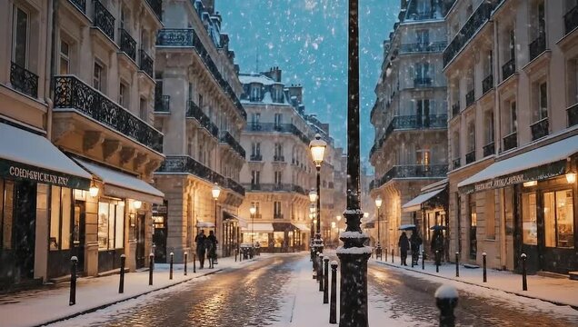 Snowy Parisian Street with Glowing Lampposts and Shops.