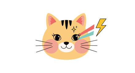 Expressive cat face with big eyes and playful lightning bolt details, conveying a vibrant and energetic personality.