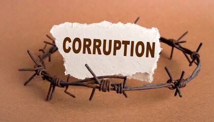 Corruption Concept: Barbed Wire Entangling a Torn Paper with the Word "Corruption"