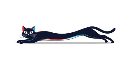 Stylized black cat with an exaggerated long body and chromatic aberration effect, depicting dynamic motion and playful design.