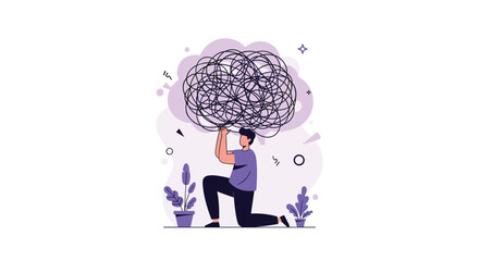 Stressed man struggling to lift a heavy, tangled mess of lines, symbolizing overwhelming problems, mental burden, and anxiety.
