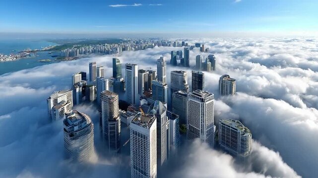 Skyscrapers in the Mist: An awe-inspiring aerial panorama of a modern metropolis emerges from a sea of clouds, with skyscrapers reaching towards the clear blue sky.