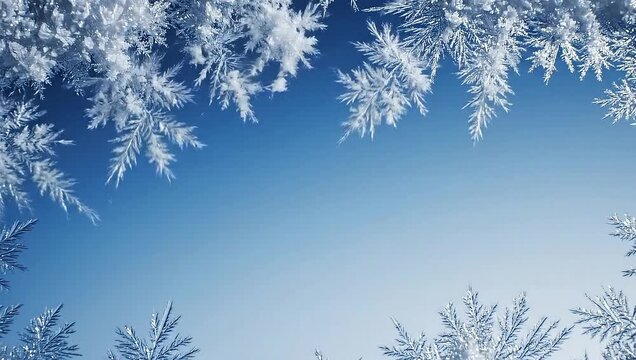 Snow-covered branches frame a clear blue sky, creating a serene winter backdrop.