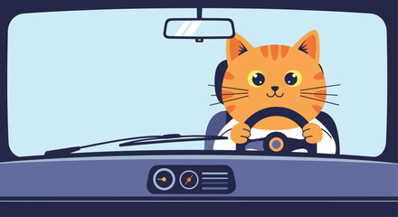 Adorable orange cat driving a car with a happy expression, portraying a whimsical and imaginative animal adventure.
