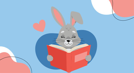 Adorable gray rabbit happily reading an open book, symbolizing education, knowledge, and the joy of reading in a whimsical setting.