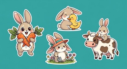 Fototapeta premium Cute cartoon farm animals characters: bunny holding carrots, hugging duckling, with cow, gardening. vector illustration. (152 characters)