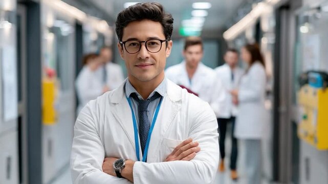 Confident Doctor in Hospital: A determined and capable doctor with glasses stands confidently in a bustling hospital hallway, with his arms crossed, other doctors in the background.