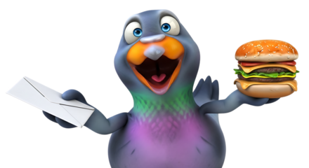 Cartoon pigeon enthusiastically presents a burger and an envelope on transparent background