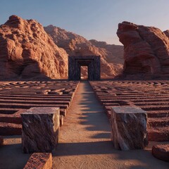 Desert landscape with maze, stone structure, and blue sky
