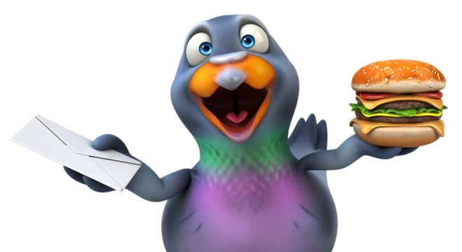 Cartoon pigeon enthusiastically presents a burger and an envelope on transparent background