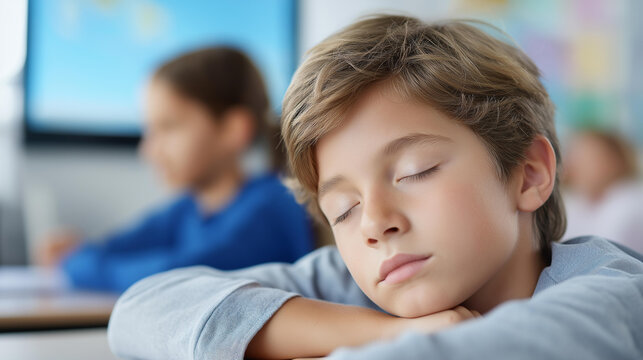 Junior school children sit room defocused astronomy class, bored napping, teacher visualization detail, blurred modern background, education concept, tired interface, clas