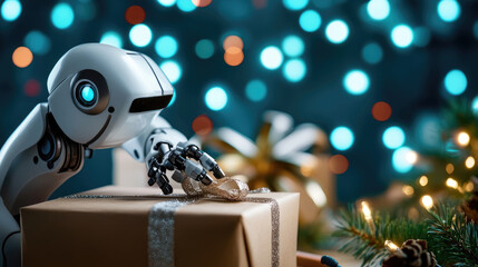 Advanced AI robot diligently preparing holiday gifts, embodying modern technology's role in streamlining festive tasks and enhancing seasonal celebration logistics