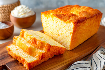 Freshly sliced bread on wooden board with bowls of cream and sugar Generative AI