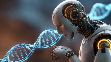 Robot’s DNA Analysis: A futuristic robot with intricate mechanical details delicately examines a holographic DNA strand. - Powered by Adobe