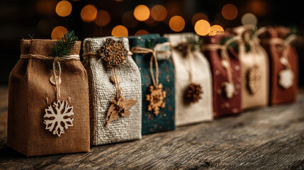 Christmas advent calendar gift bags in burlap with jute handles, pinecone and spruce accents, snowflake tags on weathered wood, warm bokeh lights creating a cozy, rustic scene