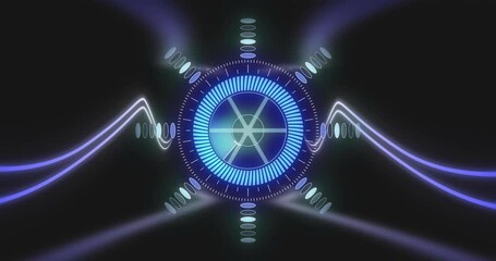 HUD rotating and pulsing, rotation starting, purple ribbons rising and curling, showing core status - Powered by Adobe