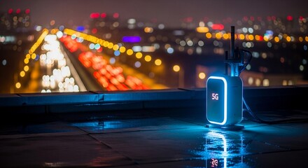 5G router glowing on a wet city rooftop at night with blurred city lights in the background. High-speed internet connectivity concept.