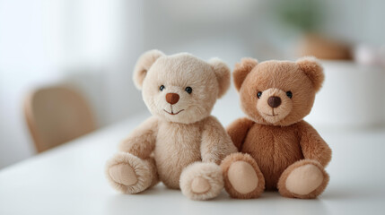 Plush bears isolated on white defocused background, children's toy, fluffy visualization detail, clean setting, cute gift concept, toy interface, isolated display, white s