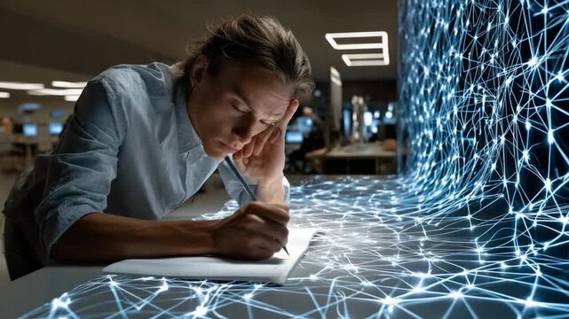 Deep Thought: A focused individual deeply engrossed in thought, hand poised with a pen over a blank page, as if formulating the blueprint for innovation