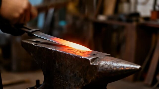 Blacksmith Hammering Hot Steel on Anvil with Flying Sparks