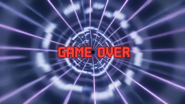 Rapid technological innovation and speed are perfectly captured in this close up view of a video game over with bold red and blue background, accompanied by a circular object glowing on a dark.