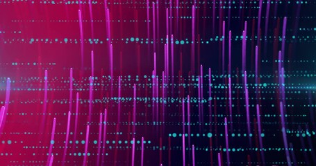 Left glow pulse sparking neon bars and teal dots shifting, multiplying, forming denser field - Powered by Adobe