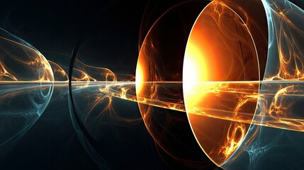 An abstract digital artwork featuring glowing fractal orbs and lines in orange, yellow, and blue, with reflections on a dark, mirrored surface.