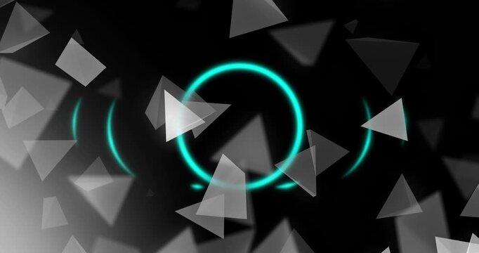 Cyan ring pulsing while gray shards entering frame, forming looping pulses around play symbol