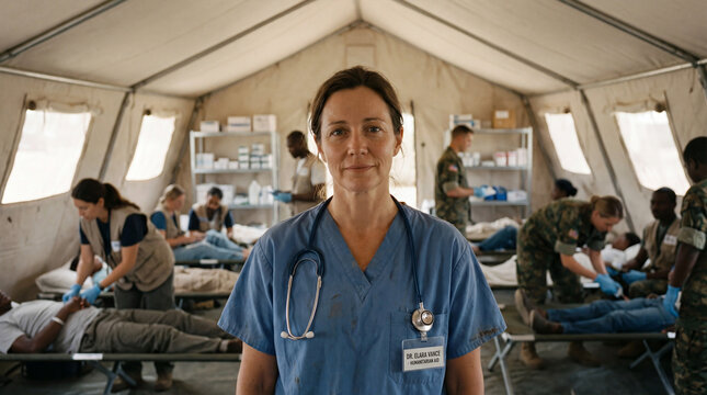 Nurse and doctor in a U.S. disaster relief tent with ongoing work behind them.
- Powered by Adobe