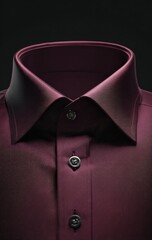 Deep burgundy shirt, collar up, two buttons fastened