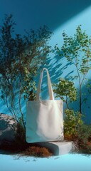 Tote bag display with greenery & blue color graded backdrop