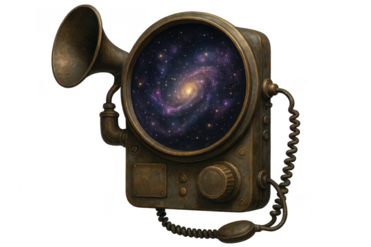 Steampunk space phone connecting distant galaxies and universes