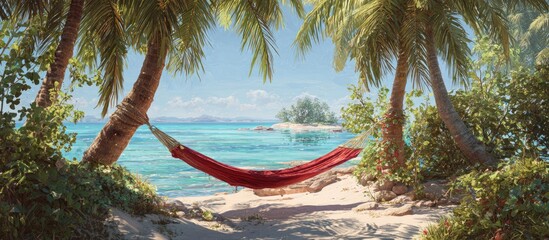 Red hammock tied to palm trees with ocean view