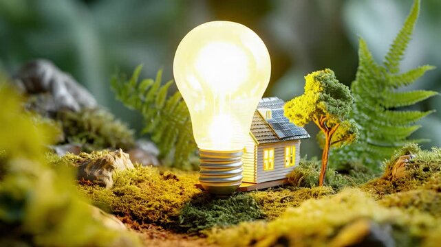 Illuminating Green Energy: A glowing light bulb casting a warm embrace over a tiny house nestled in a thriving eco-friendly setting.