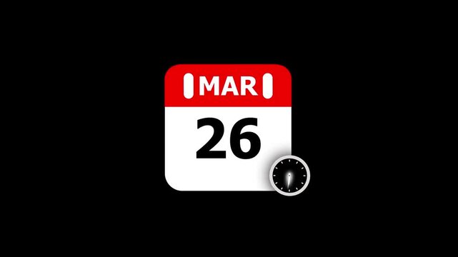 Calendar page showing March 26th with a clock icon on a dark background .